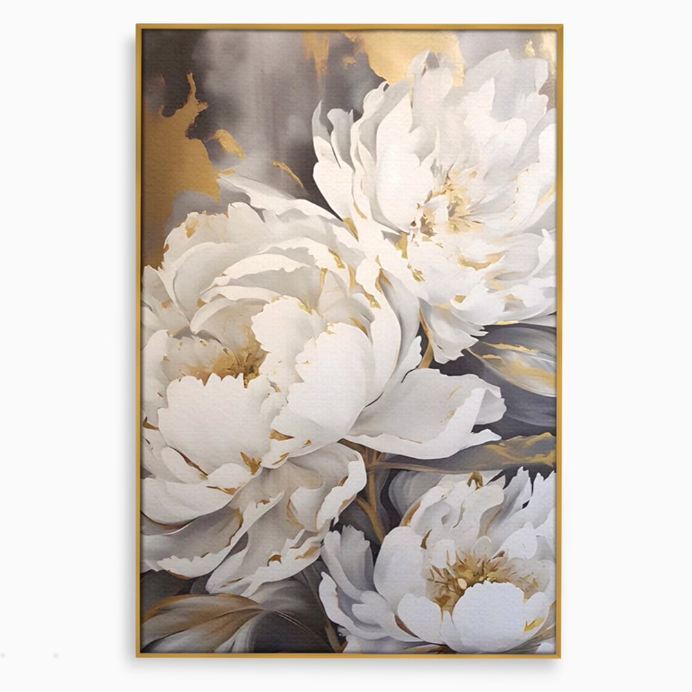 Tablou canvas cu pictura cu bujori albi si accente aurii, in rama de aluminiu auriu